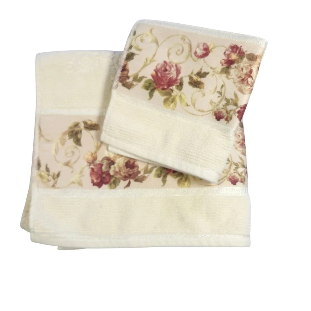 Croscill Hand & Bath Towel Set Roses Cotton Cream Grannycore Cottagecore 2 Piece